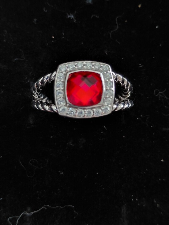 David Yurman Jewelry - David Yurman Silver Ring with Red Cushion Gemstone and Pavé Halo